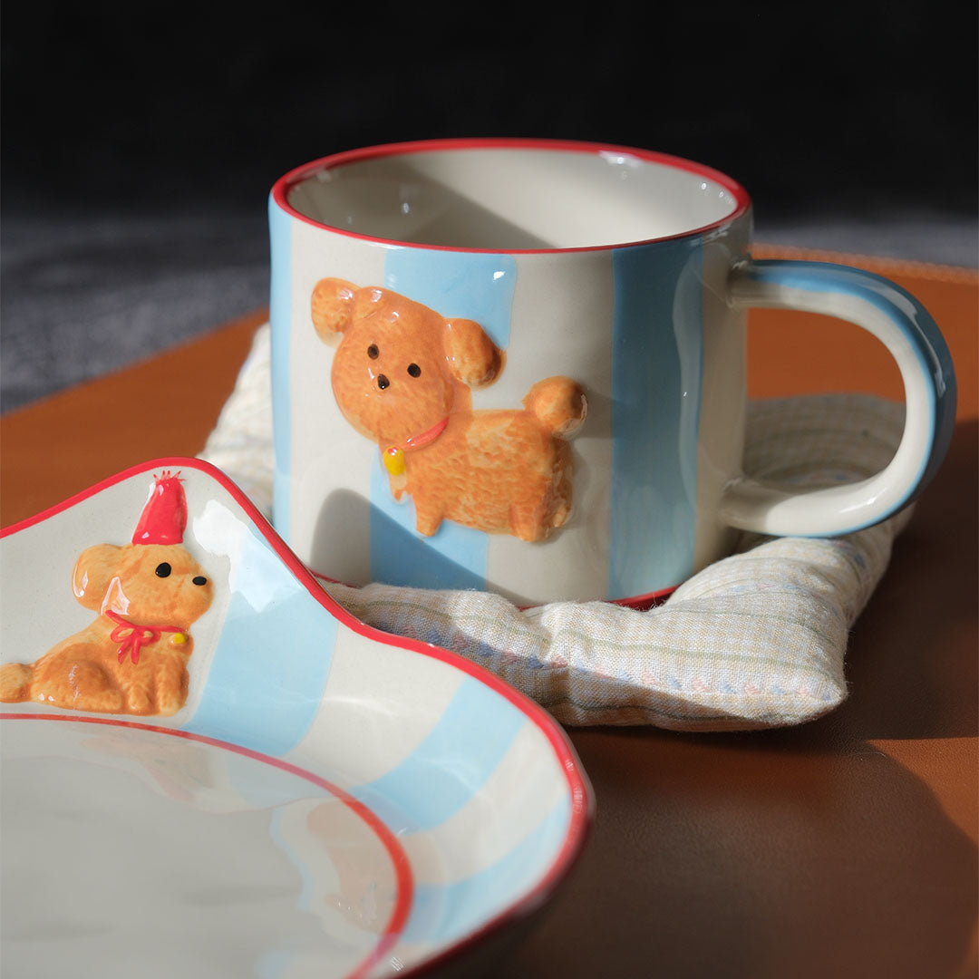Adorable Light Blue Ceramic Cup & Plate Set【Birthday Puppy】