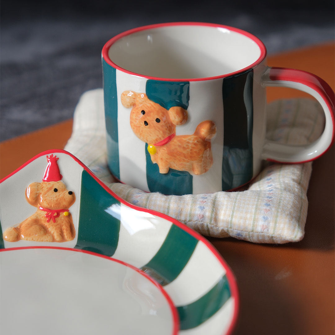 Adorable Deep Green Ceramic Cup & Plate Set【Birthday Puppy】