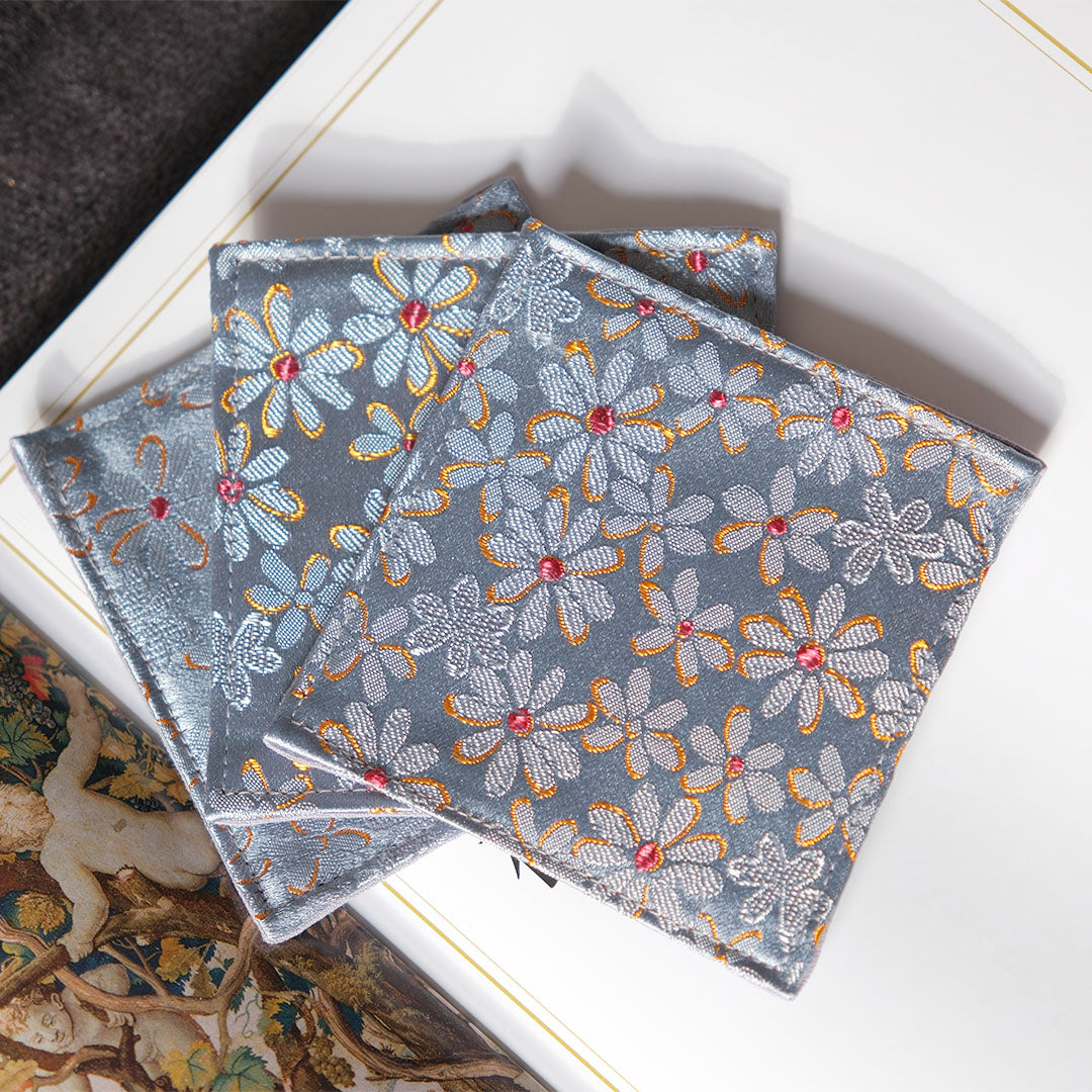 Light Blue Daisy Square Brocade Coasters Set 3PCs