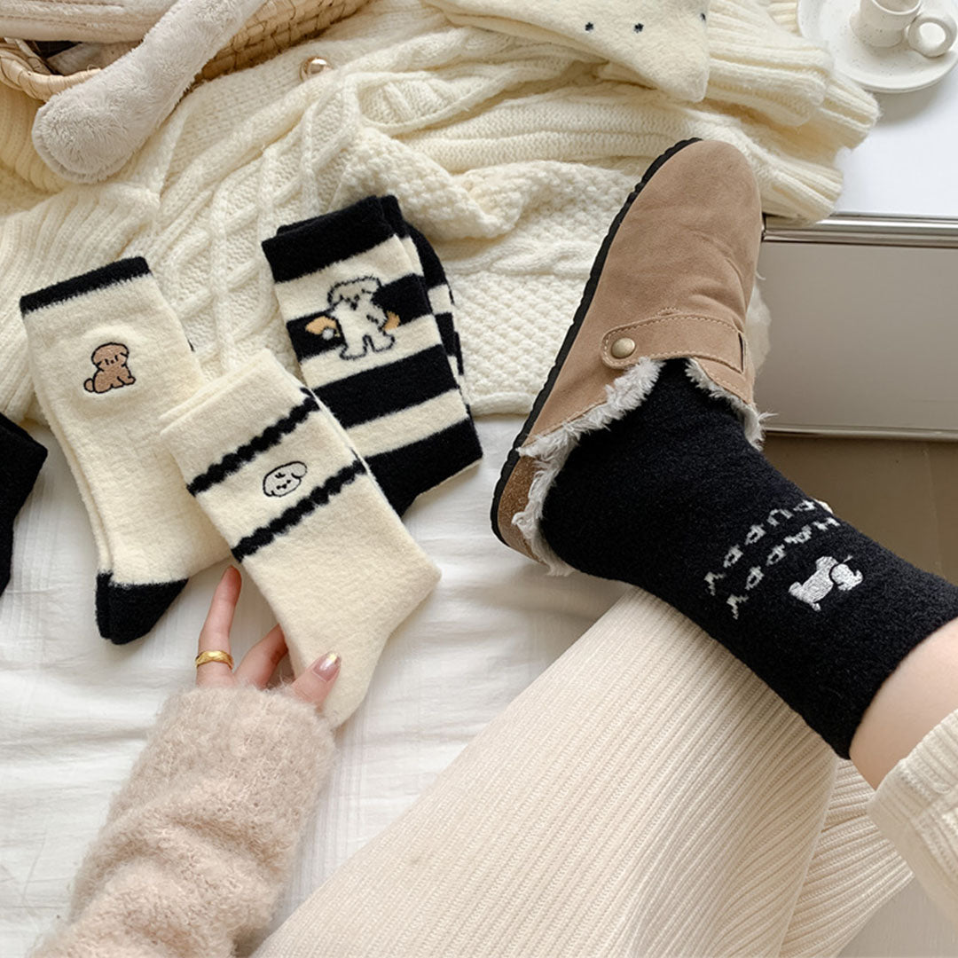 Happy Puppy Thickened Cartoon Socks Black