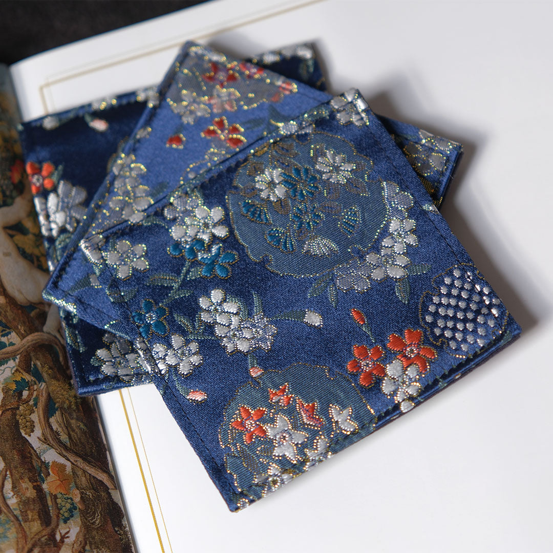 Navy Floral Square Brocade Coasters Set 3PCs
