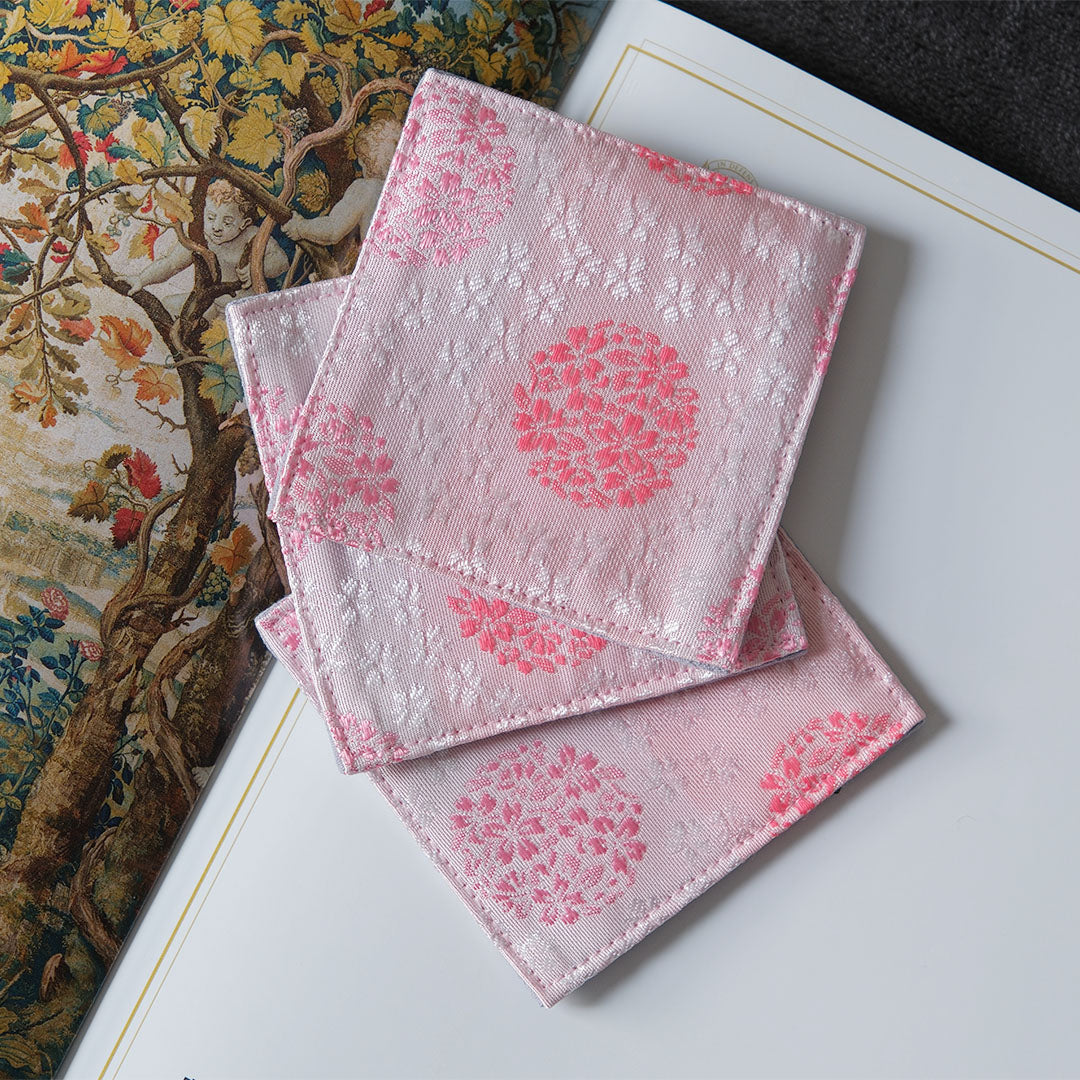 Pink Cherry Blossom Square Brocade Coasters Set 3PCs