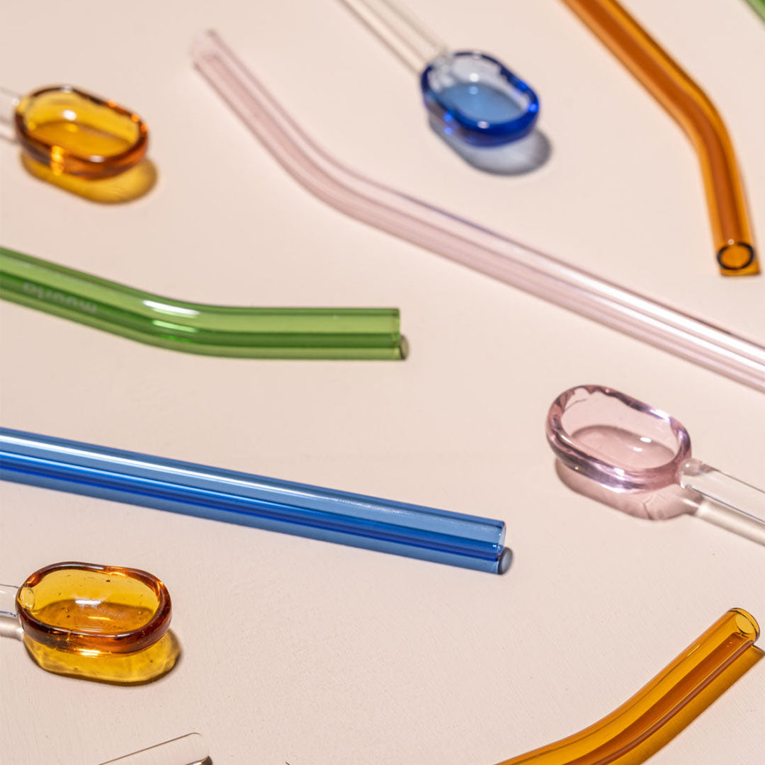 Glass Straws 4pcs Grey, Yellow, Green, Blue + Brush