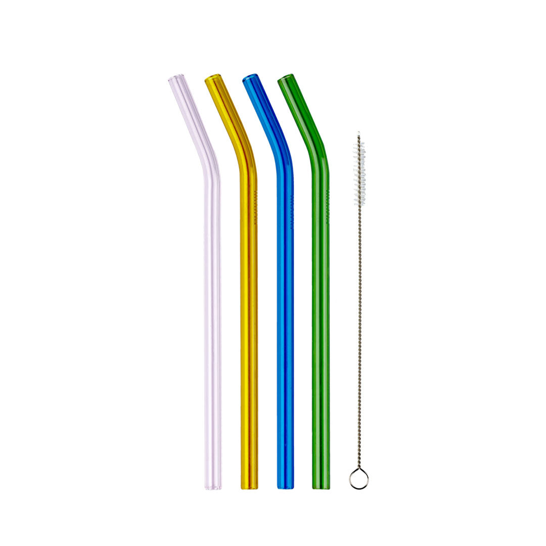 Glass Straws 4pcs Grey, Yellow, Green, Blue + Brush