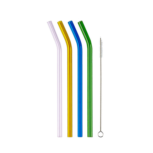 Glass Straws 4pcs Grey, Yellow, Green, Blue + Brush