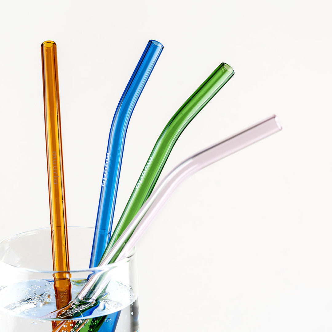 Glass Straws 4pcs Grey, Yellow, Green, Blue + Brush