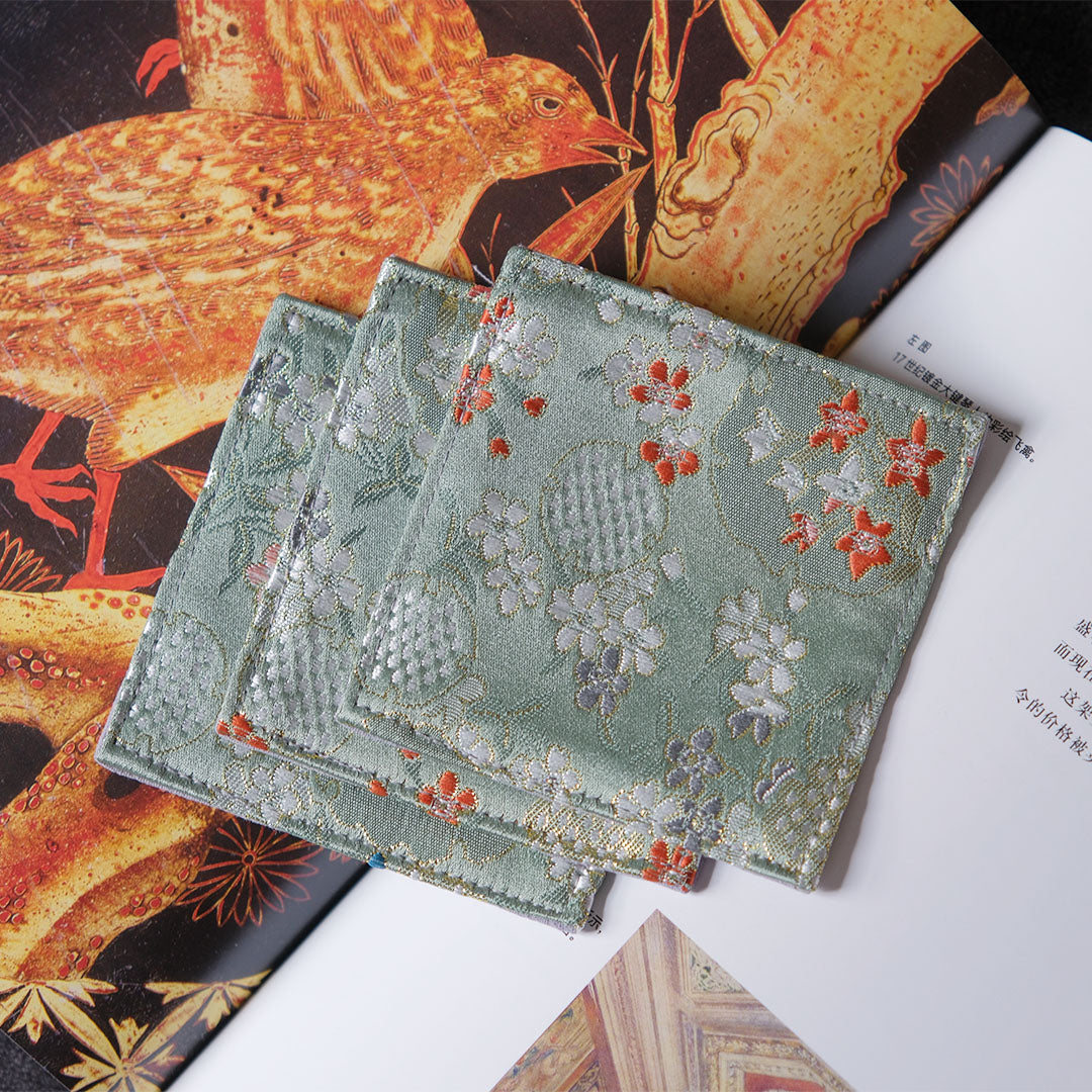 Light Green Floral Square Brocade Coasters Set 3PCs